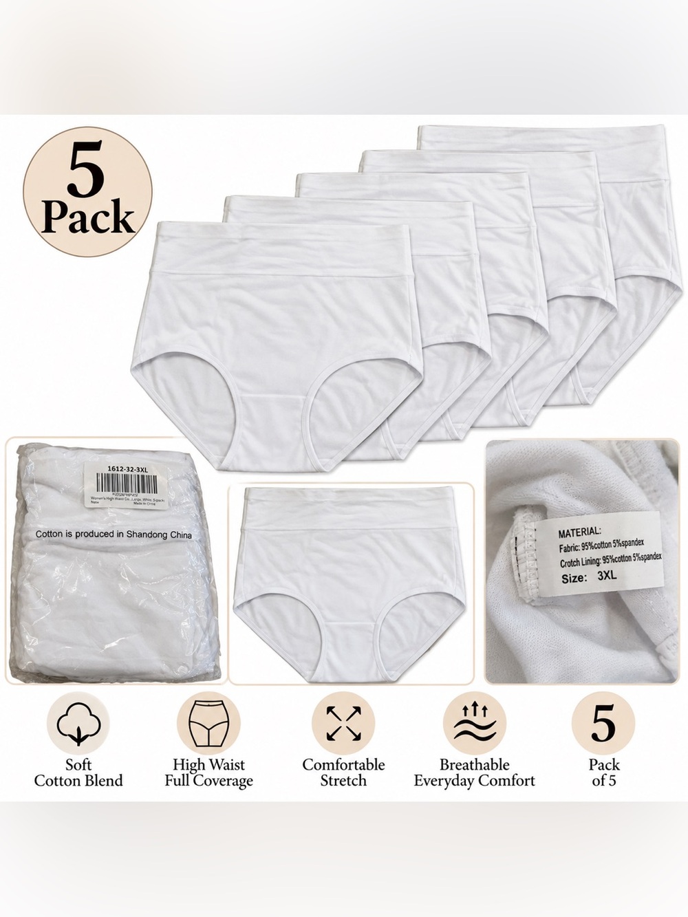 Women's High-Waist Full Coverage Briefs - White (5 Pack)